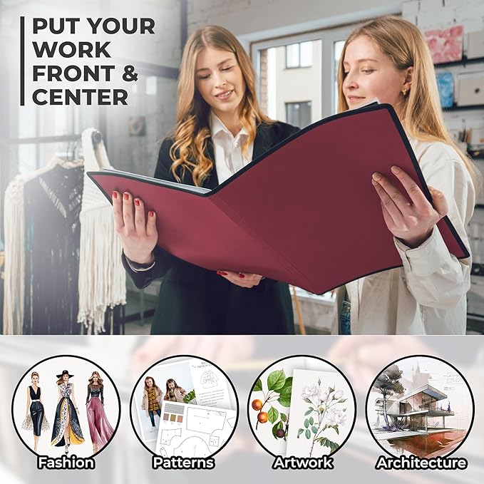 Dunwell 11x17 Art Portfolio Binder with Black Mounting Paper (Ruby), Large Portfolio Folder for Artwork Storage, 24 Clear Plastic Sleeves, Displays 48 Pages, Acid-Free Poly 11 x 17 Presentation Book