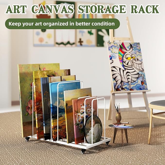 Art Canvas Storage Rack, Art Storage with Wheels, Adjustable Art Storage Easel Display Stands for Canvas Boards, Panel, Crafts Drying & Print Racks,Frame,White