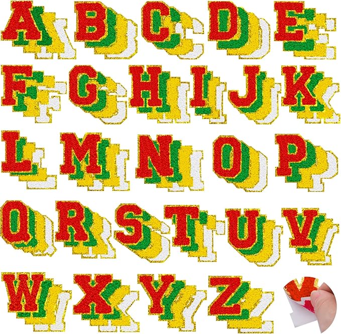 104 Pcs Red Green Christmas Patches Chenille Letter Patches Embroidered Stick on Patches Self Adhesive for Clothing,A-Z Letter Stickers Sew on Patches for Sweaters Jackets Hats Stockings Backpacks
