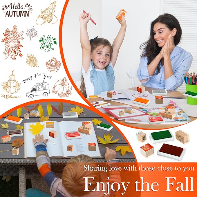 Woanger 15 Pcs Fall Wooden Rubber Stamps and Craft Ink Pads Wooden Rubber Stamp for Scrapbooking and DIY Craft Card Stamps Pads Paper Wood Fabric Fall Holiday