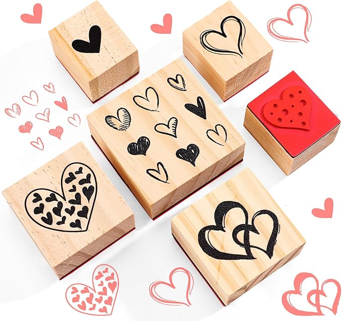 Watersay 6 Pcs Valentine Rubber Stamp Set Happy Valentine Day Wooden Rubber Stamp Vintage Art Print for Crafting Love Heart Pattern and DIY Scrapbooking Card Making Hand Book (Patter)