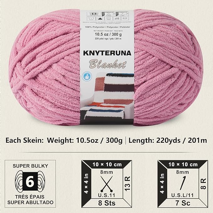 #6 Super Bulky Blanket Yarn for Crocheting - 4 Skeins(Each 10.5oz/300g, 220yds/201m), Chunky Chenille Thick Plush Big Soft Yarn for Crocheting Knitting Blankets, Dusty Pink
