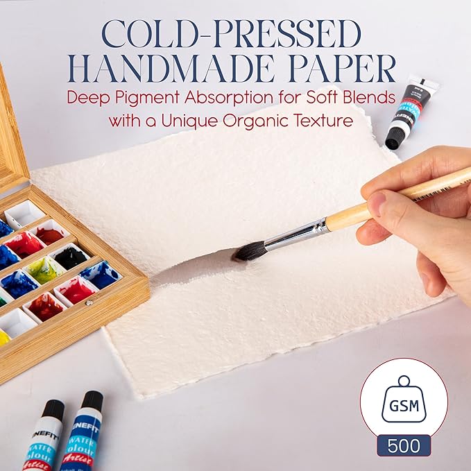 Wanderings Thick Handmade Watercolor Paper with Deckled Edge - 9x12-500GSM Premium Ivory Cold-Pressed Textured Mixed Media Paper Made with Recycled Cotton - 15 Loose Leaf Sheets