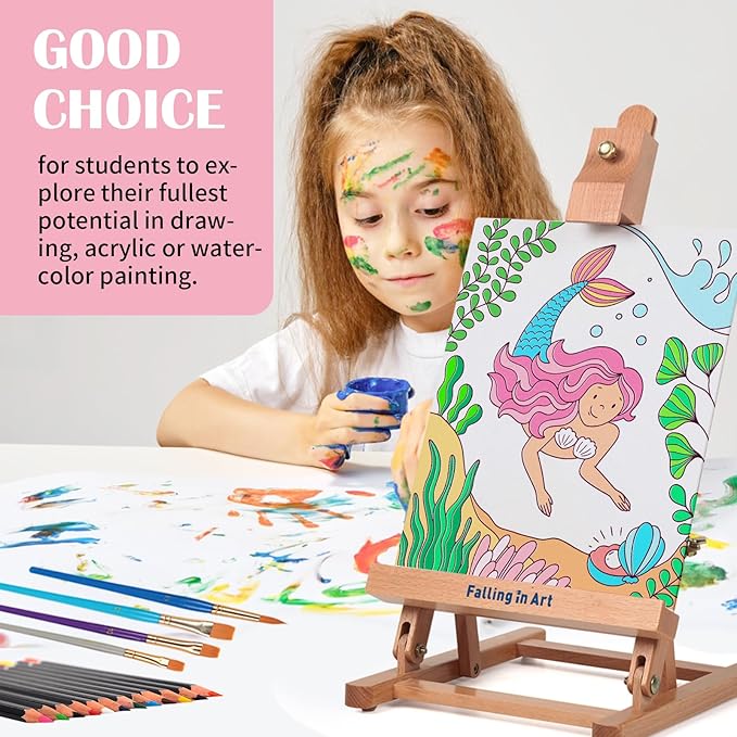 Falling in Art Tabletop Easel Set, Portable Wooden Art Easel Painting Kits for Kids, Easel for Painting Canvases, Including 12 Colors Acrylic Paints, 10 Paintbrushes and 4 Canvas Panels, Pink