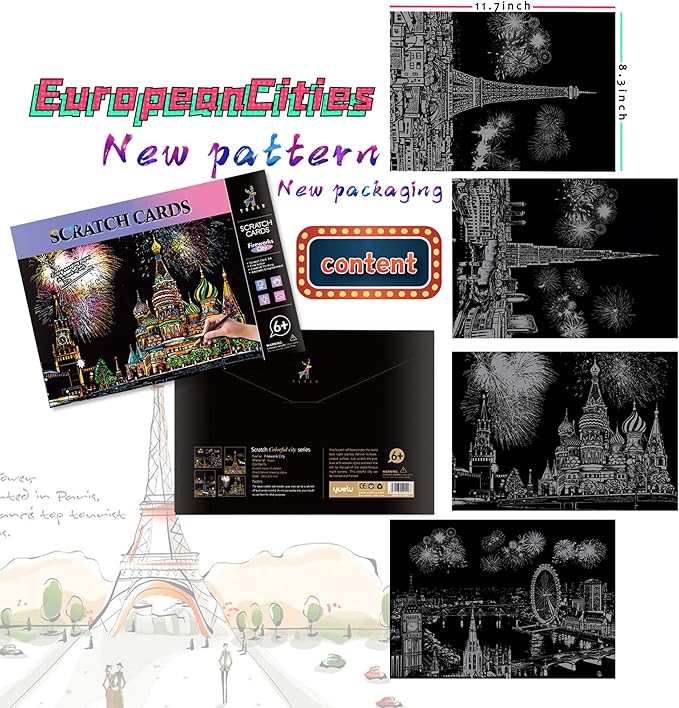 Scratch Rainbow Painting Art Paper Scratch & Sketch Art for Adults Scratch Painting Creative Gift Engraving Art&Craft Set Sketch Pad DIY Scratchboard with 4 Tools 11.7''x8.3''(City Series)