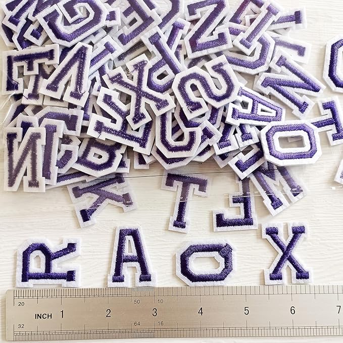 1.3 inch Iron on Letter Patches 78 Pieces, A-Z Embroidered Alphabet Patches for Clothing Jackets Hats Backpacks Jeans Purple
