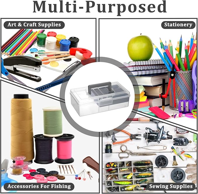 JUXYES 2 Pack Plastic Carry Storage Box with Removable Dividers, Clear Art Craft Supply Storage Bin Sewing Box with Handle Lid, 2 Layers Stationery Storage Case for School/Office Supplies Gray