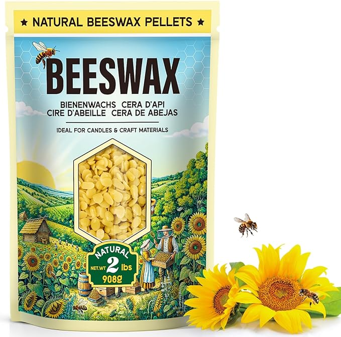 Beeswax Pellets for Candle Making – 2lb/5lb/10lb – Natural Beeswax for Candles, Lip Balms, and Skincare – Yellow Beeswax for DIY Projects – Ideal for Beginners and Experts（2lb）