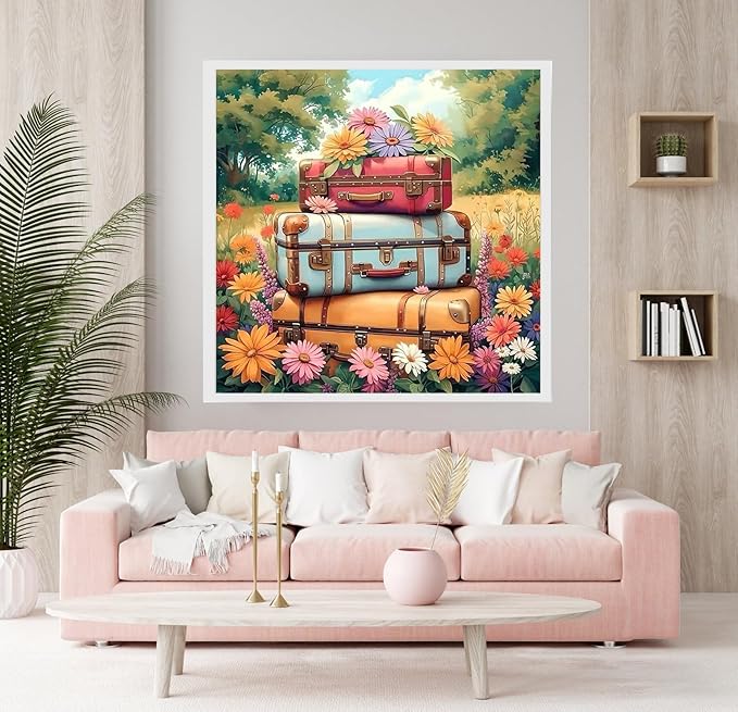 Flowers Suitcases Diamond Painting Kits for Adults, 5D Diamond Art Painting by Numbers Kits, DIY Diamond Dots Art Kits, Full Round Drill Diamond Paintings for Adults for Home Wall Decor, 13.8x13.8 in