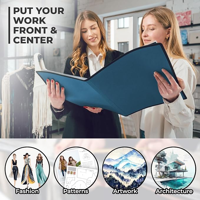 Dunwell 11x14 Art Portfolio Binder with Mounting Paper (Blue), Large Portfolio Folder for Artwork Storage, 24 Sleeves Displays 48 Pages, Acid-Free Poly 11 x 14 Presentation Book