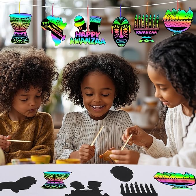 JULMELON 36 PCS Kwanzaa Crafts for Kids, Kwanzaa Magic Rainbow Scratch Art Paper Cards Kwanzaa Gifts for Students School Classroom Activities DIY Crafts Party Favors