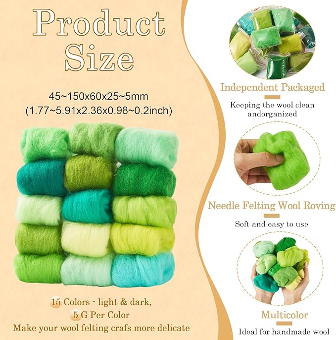FASHEWELRY 2.6 OZ Nature Wool Roving Set Green Theme Needle Felting Wool Roving 15 Colors Wool Felting Supplies for Needle Felting Wet Felting DIY Hand Spinning
