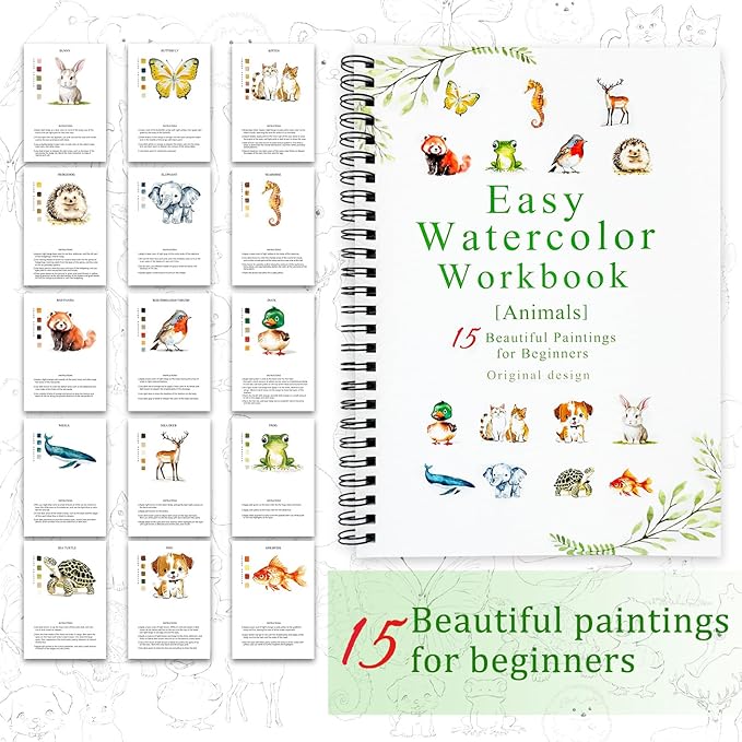 Watercolor Workbooks, 16 Colors Water Color Books Paint Set for Adults, Watercolor Coloring Book for Beginners, Water Color Workbook, 15 Beautiful Paintings for Beginners (Animals)
