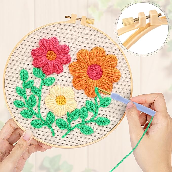 JSRQT Punch Needle Embroidery Starter Kit Floral Leaf Beginner Rug Hooking Kit with Embroidery Hoops Instructions Handcraft Punch Needle Kit for Adults Rug-Punch & Pinch Needle Cross Stitch Kits Craft