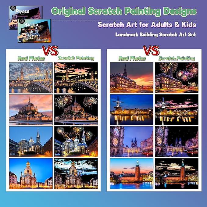 Scratch Art Painting Kit for Adults-8 Sheets A4 Rainbow Scratch Painting Paper Craft Set with City Landmarks|Stress Relief Gift for Travel&Craft Lovers|Scratch Art Home Decor(Europe Series 1)