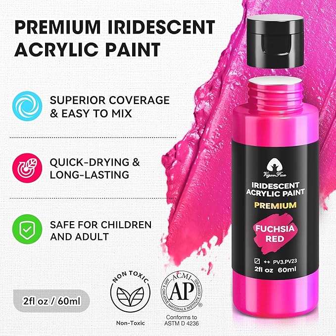 40 Pcs Iridescent Acrylic Paint Set with 12 Brushes, 2 Knives & Palette, 24 Colors (2oz/60ml) - for Adults, Kids, Artists & Beginners - Canvas Ceramic Rock Wood Egg Painting Kit