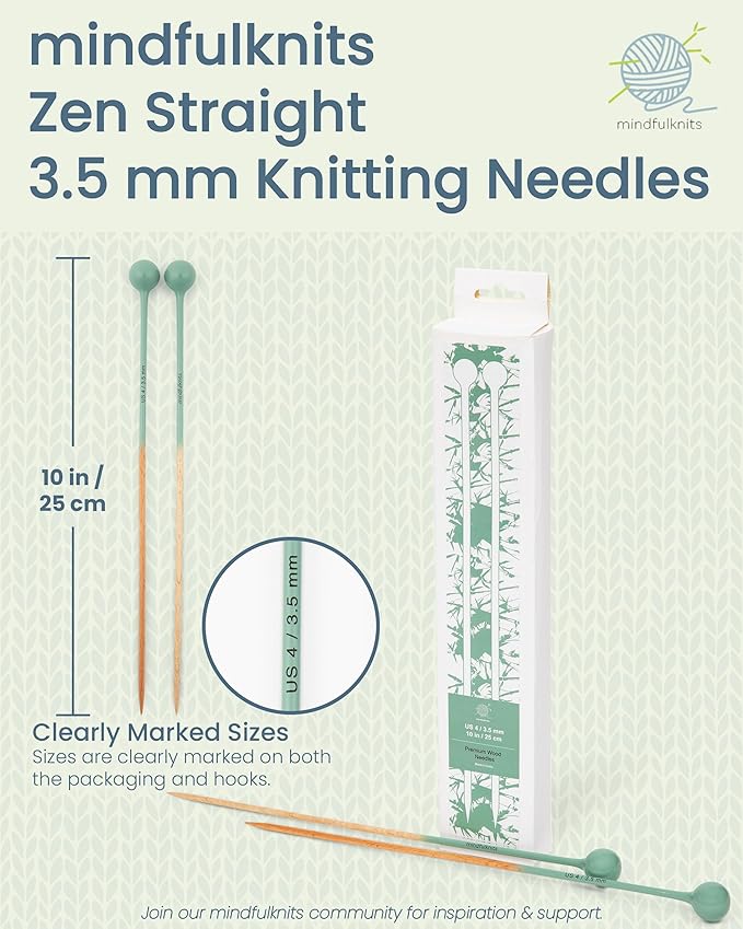 mindfulknits Premium Straight Single Pointed Beech Wood Knitting Needles – Size US 4, 3.5mm – 35cm Length – Straight Needle Set - Crafting & Knitting Supplies for Relaxation & Stress Relief (3.5mm)