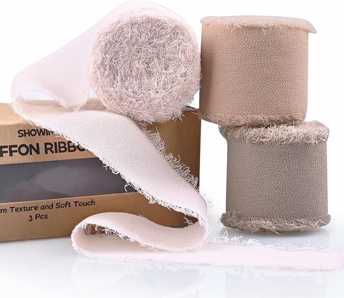 3 Rolls Earth Tone Handmade Fringe Chiffon Ribbon 1.5 Inch x 7 Yard Silk-Like Colorful Rustic Ribbon for Bouquets Wrapping Decor Wedding Invitation Accessories