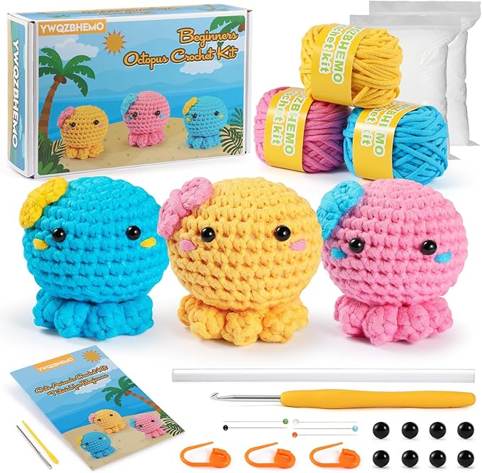 YWQZBHEMO Crochet 3 Colored Octopus Kit for Beginner/Experts, DIY This All in One Crochet Set for Starter, Includes Enough Yarn, Hook, Accessories