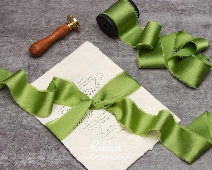 Ribbli Avocado Green Silk Satin Ribbon 1.5 Inch x 30 Yard Handmade Frayed Chiffon Spring Moss Green Ribbon for Gift Wrapping Wedding Invitations Bridal Bouquets Home Decor