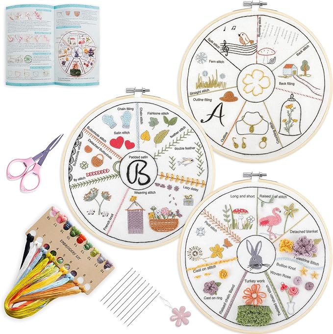 SevFan Beginners Embroidery kit,3 Sets Embroidery Starter Kits for Adults Beginners, Practice 36 Different Stitches, DIY Creative Figures Inspired Projects Needlepoint kit