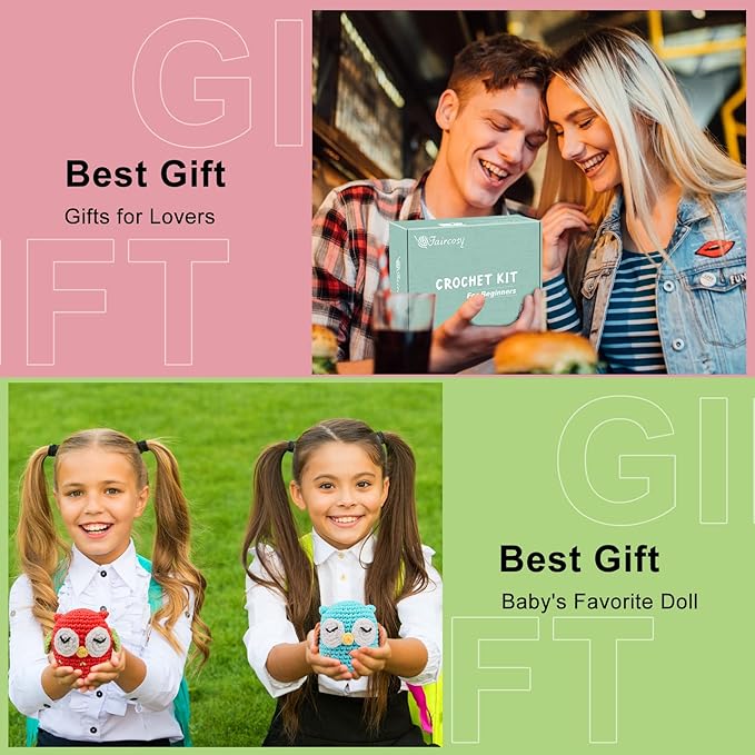 Faircosy 2PCS Beginner Crochet Kit: Amigurumi Crocheting Owls Kits, Starter Kit for Adults and Kids (10Age+) with Detailed Instructions and Tutorial, Surprise Gift for Lover, Family, Friends, Children