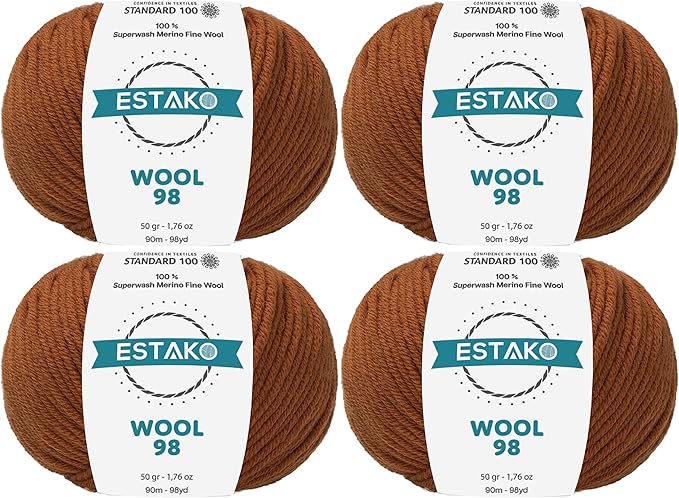 Estako Wool 98 (4- Skeins Pack) 100% Superwash Merino Wool Medium Worsted Weight Soft Knitting and Crochet Yarn (4 x 1.76 oz) (4 x 98 yds) (6369-Cinnamon)