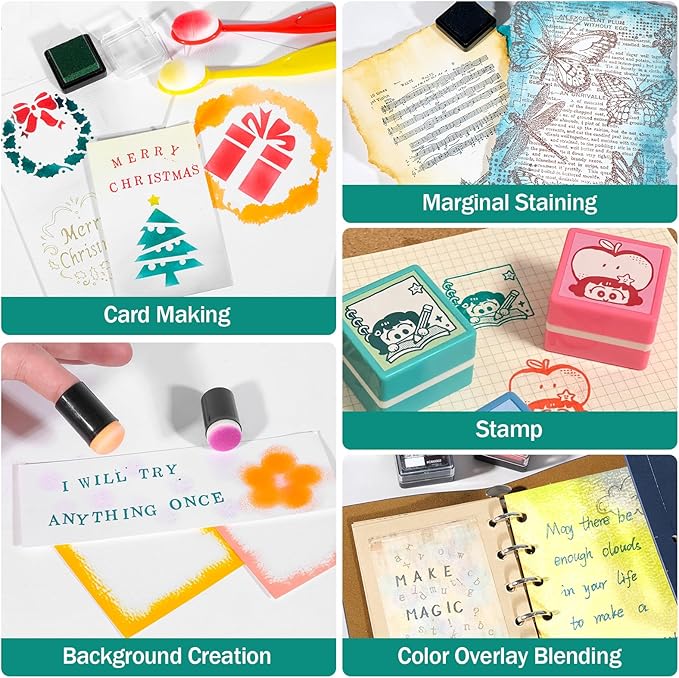 CraftyManor Masked Impression Mini Ink Pads for Stamps, Water Based Smudge Chalk Stamp Pad for Scrapbooking, Journaling, Card Making, DIY Craft Scrapbook Supplies for Adults (12 Colors)