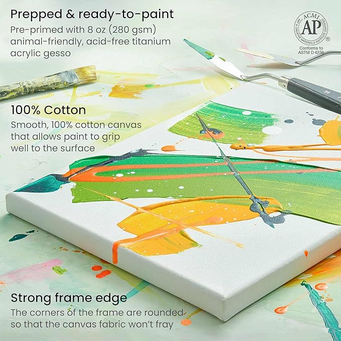 ARTEZA Stretched Canvas Multipack of 10 – 4x4, 5x7, 8x10, 9x12, 11x14 Inch Blank White Canvases for Acrylic, Oil, Gouache – Cotton, Pre-Primed