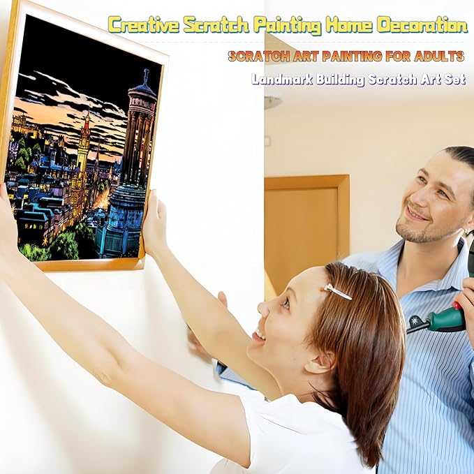 Scratch Art for Adults-Scratch Painting Craft Kit (4 Sheets 16x11 in)|Foil Engraving Art Set|Stress Relief Gift for Travel Lovers,Craft Lovers|Creative Scratch Art Home Decor(City Scape 1)