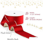 Red Velvet Wired Ribbon with Glitter Back 2.5 Inch Red and Gold Christmas Ribbon Wired Ribbon for Christmas Tree, Gift Wrapping, Mantel, Wreaths Supplies, Topper Bows (10 Yards)