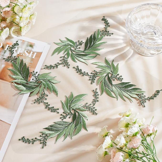 GORGECRAFT 2 Pairs 4PCS Leaf Iron Patches Big Embroidered Flowers Lace Applique Flowers Nature Patches Suitable for Clothes Dress Hat Pants Sewing Craft Decoration(Dark Sea Green)