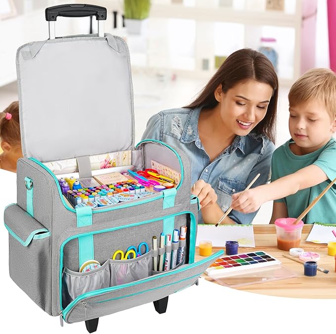 Rolling Craft Bag, Craft Bag with Wheels for Scrapbook Supplies, Large Scrapbook Tote with 15.6'' Laptop Sleeve, Rolling Art Supply Storage for Scrapbooking Tools, Gray