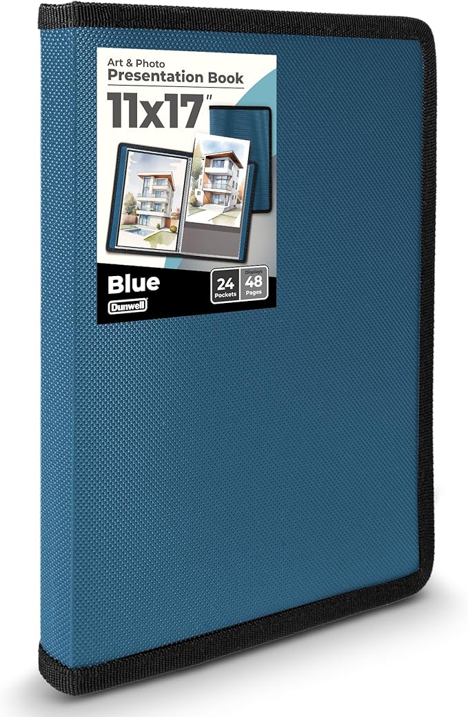 Dunwell 11x17 Art Portfolio Binder with Black Mounting Paper (Blue), Large Portfolio Folder for Artwork Storage, 24 Plastic Sleeves, Displays 48 Pages, Acid-Free Poly 11 x 17 Presentation Book