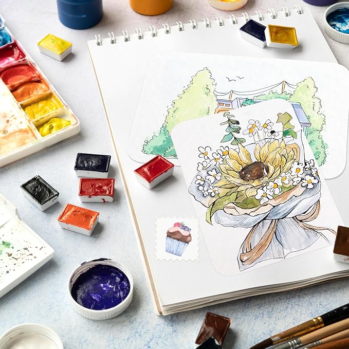 Funto Blank Watercolor Paper Postcards, 100% Cotton, 28 Cards+2 Watercolor Stamps, 4x6, 140lb/300gsm, Acid-Free Heavyweight for Thanks