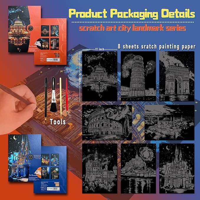 Scratch Art for Adults-Laser Scratch Painting Craft Kit (8 Sheets 16x11 in)|Foil Engraving Art Set|Stress Relief Gift for Travel Lovers,Craft Lovers|Creative Scratch Art Home Decor(Europe Series)