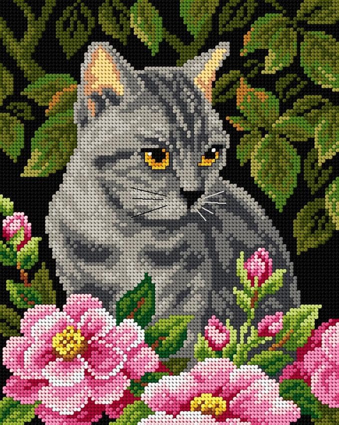 Wizardi Needlepoint Canvas for halfstitch Without Yarn Kitten in The Garden 2582H Orchidea