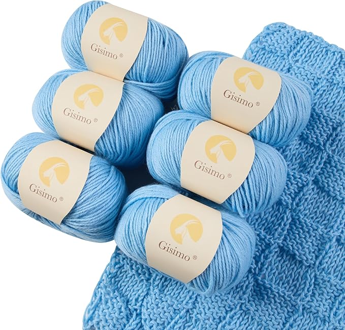 Merino Wool Yarn, 12-Ply Luxurious and Soft Yarn for Hand Knitting & Crocheting, 1.76 OZ/50g, 120 yds/110 Meters(Light Blue,6Balls)
