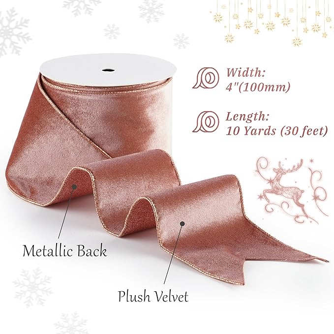 Rose Gold Velvet Wired Ribbon with Glitter Back 4 Inch Mauve Christmas Ribbon Wired Reversible Ribbon for Christmas Tree, Gift Wrapping, Crafts, Wreaths Supplies, Topper Bows (10 Yards)