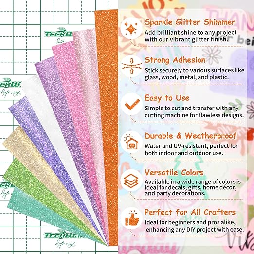 TECKWRAP Glitter Adhesive Vinyl, 12" x 12" 9 Glitter Colors with 1 High Tack Transfer Tape, Permanent Craft Vinyl for Scrap-Booking, Decals, DIY Projects, Home Decor, DIY Project Party Decoration