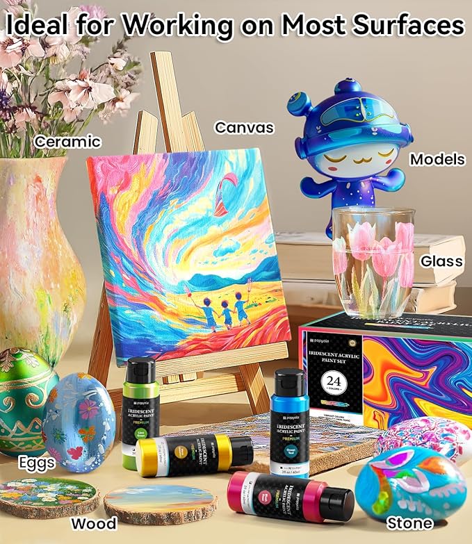 40 PCS Iridescent Acrylic Paint Set with 12 Brushes, 2 Knives & Palette, 24 Colors (2oz/60ml) Art Craft Paint for Adults Kids Artists Beginners, Halloween Pumpkin Canvas Ceramic Rock Painting Kit