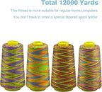 Rainbow Variegated Serger Thread, All-Purpose Thread for Sewing, Polyester, 4 Cones of 3000 Yards Each Spool for Sewing Machine