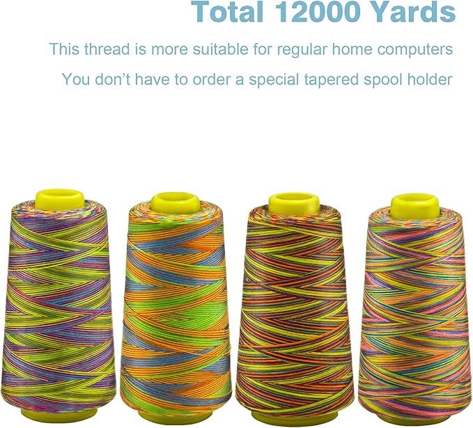 Rainbow Variegated Serger Thread, All-Purpose Thread for Sewing, Polyester, 4 Cones of 3000 Yards Each Spool for Sewing Machine