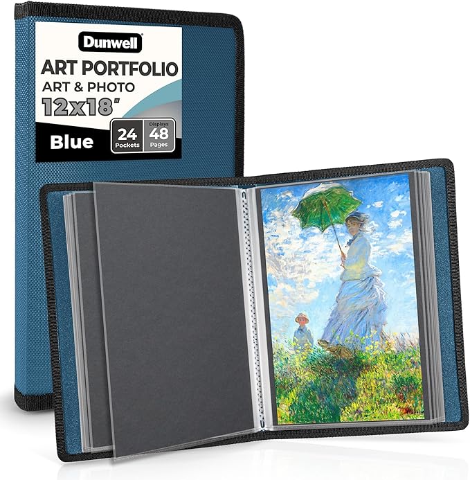 Dunwell 12x18 Art Portfolio Binder with Black Mounting Paper (Blue), Large Portfolio Folder for Artwork Storage, 24 Sleeves Display 48 Pages, 12 x 18 Presentation Book, Acid-Free Poly