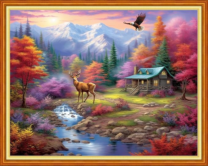 Findvoor Stamped Cross Stitch Kits for Beginner Embroidery Kits for Beginners Adults DIY 11CT Cross Stitch Patterns Needlepoint Kits Crossstitching Kits-Golden Autumn Home 16x20 inch