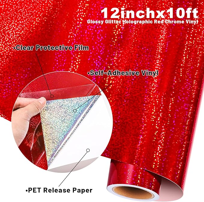 Girafvinyl Holographic Vinyl 12' x 10FT Glitter Vinyl Permanent Adhesive Roll - Red Holographic DIY Home, Car Decorations, Tumbler