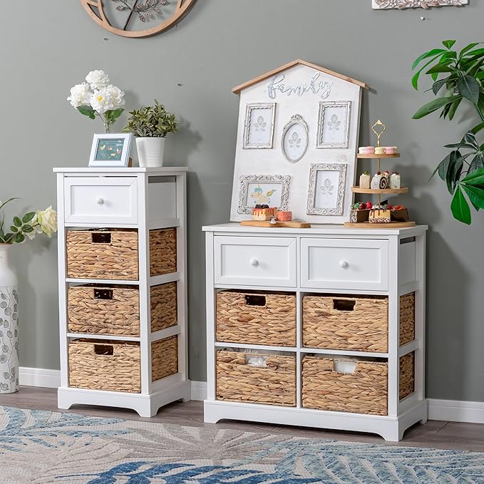 PHI VILLA White Storage Cabinet with Baskets, Accent Cabinet with Drawers, Entryway Rattan Cabinet with Shelves