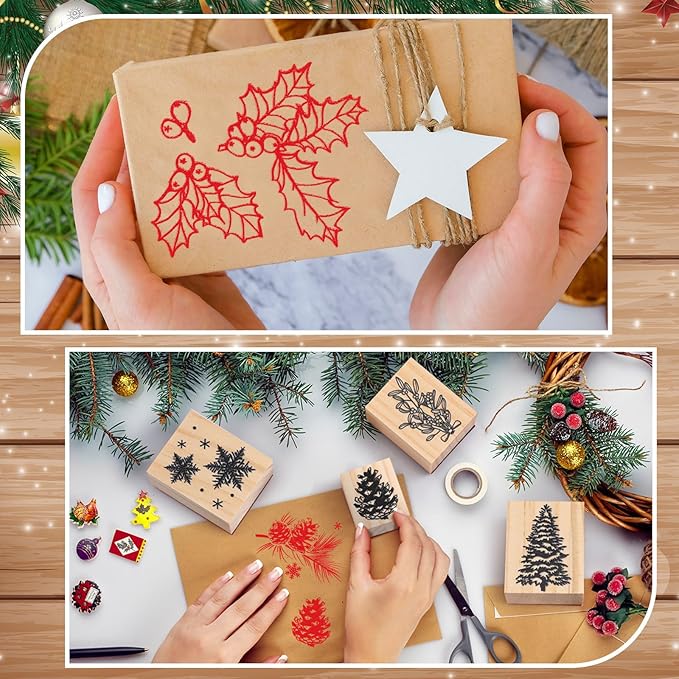 Watersay 6 Pcs Christmas Rubber Stamp Set Merry Christmas Wooden Rubber Stamp Snow Tree Stamps Vintage Wooden Rubber Art Stamps for Crafting and DIY Scrapbooking Card Making Hand Book(Pattern)