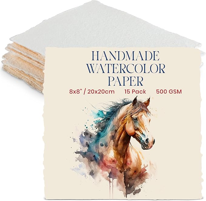 Wanderings Thick Handmade Watercolor Paper with Deckled Edge - 8x8-500GSM Premium Ivory Cold-Pressed Textured Mixed Media Paper Made with Recycled Cotton - 15 Loose Leaf Sheets