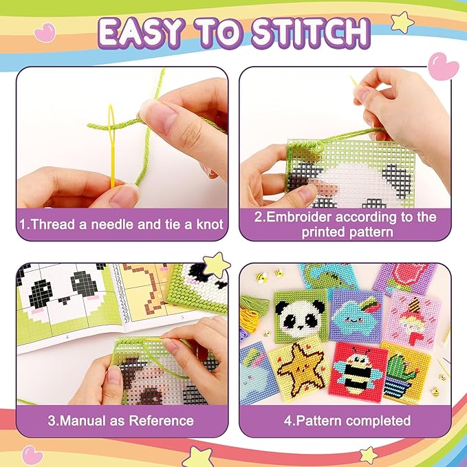 Caydo 8-in-1 Cross Stitch Kit for Beginners Kids, Includes 8 PCS Plastic Canvas with Pre-Patterns, 13 Colors Threads, Instructions, Embroidery Needles for Beginners Sewing